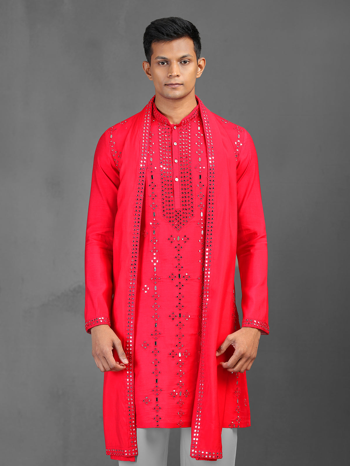 Red wedding wear art silk kurta suit with dupatta