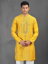 Yellow mirror worked art silk kurta suit for men