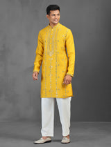 Yellow mirror worked art silk kurta suit for men