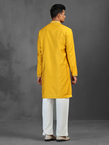 Yellow mirror worked art silk kurta suit for men