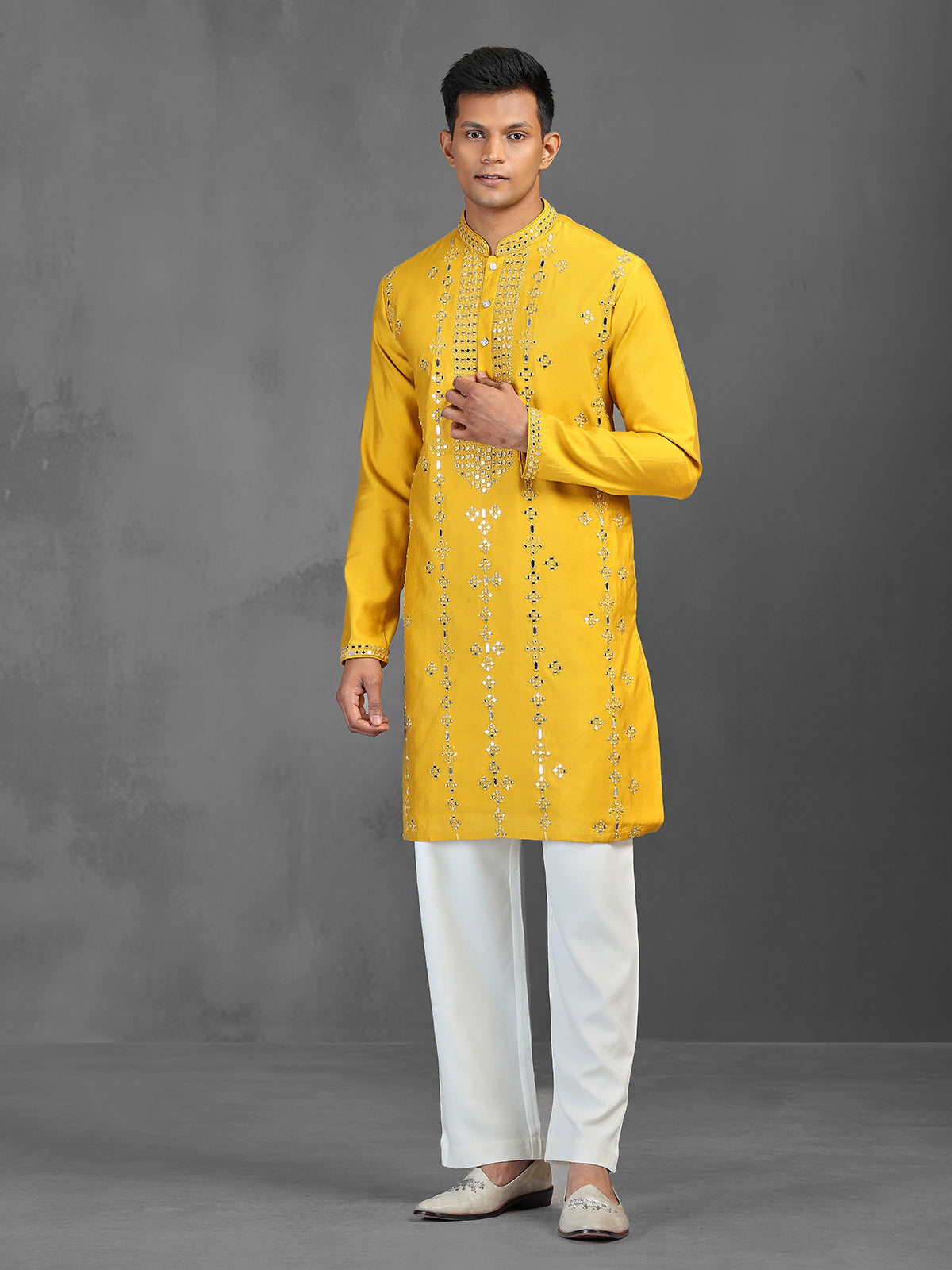 Yellow mirror worked art silk kurta suit for men