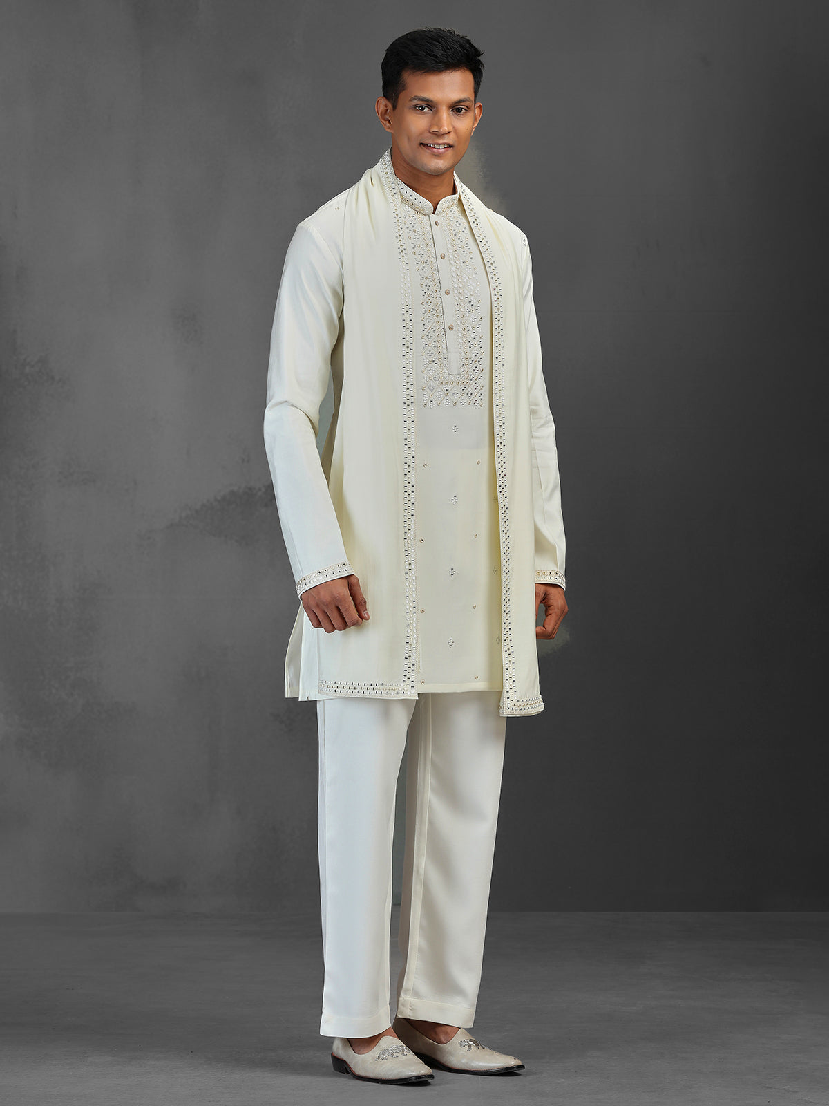 Cream reception wear art silk kurta suit with dupatta