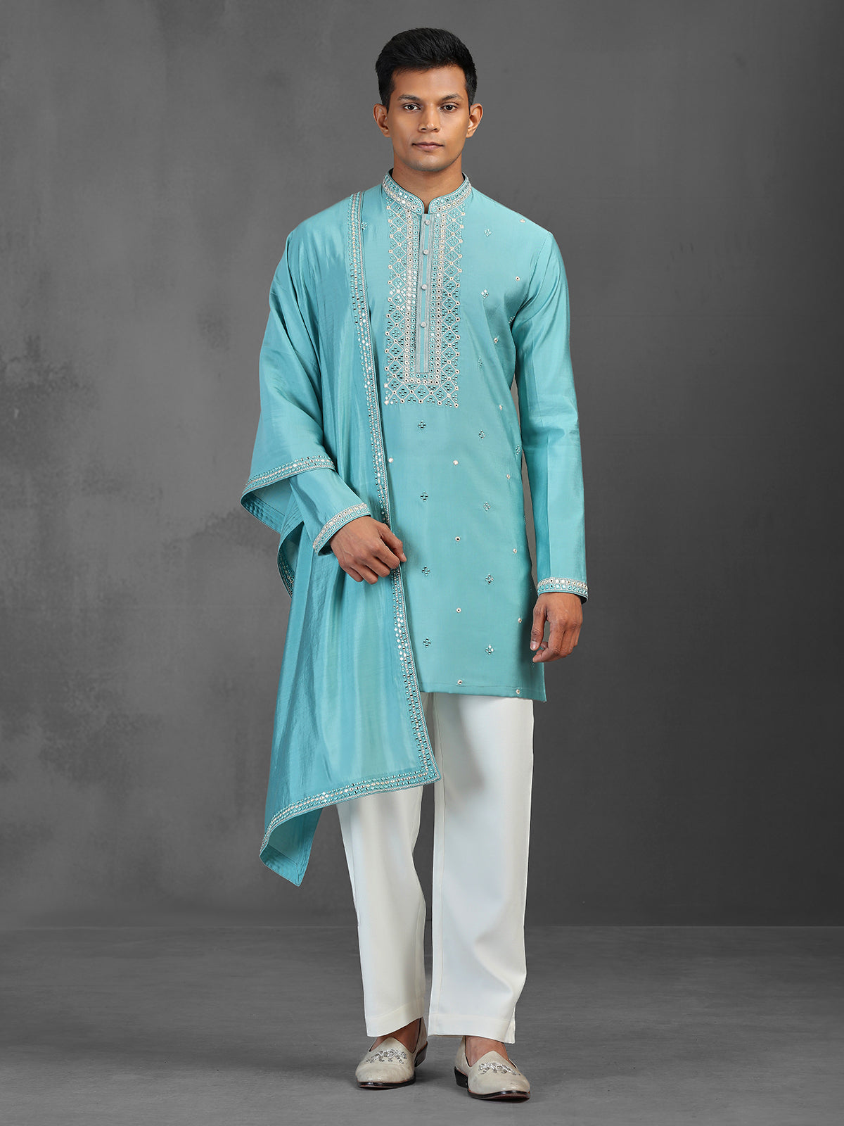 Firozi blue art silk kurta suit with dupatta