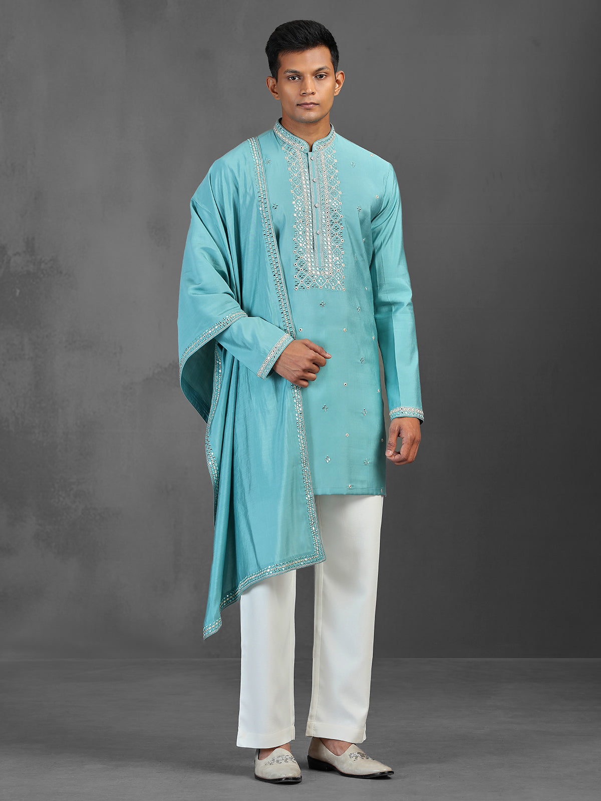 Firozi blue art silk kurta suit with dupatta