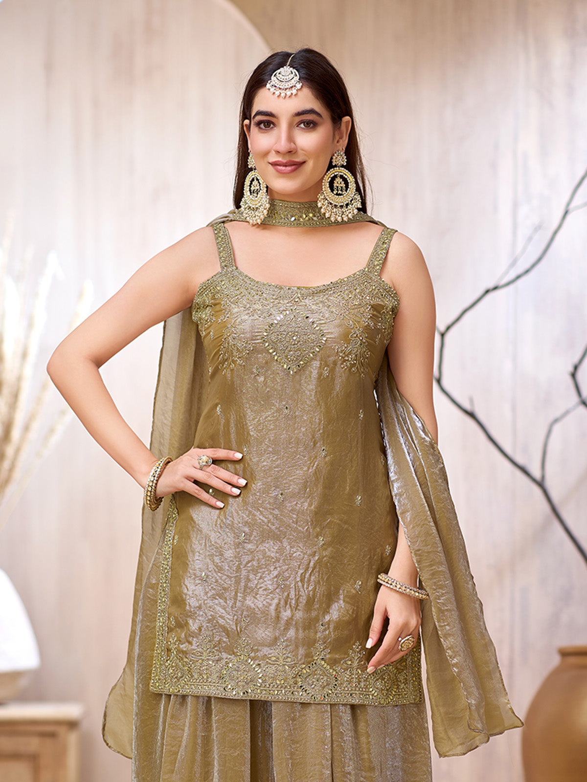 Dark beige chinon silk punjabi style palazzo suit for festive