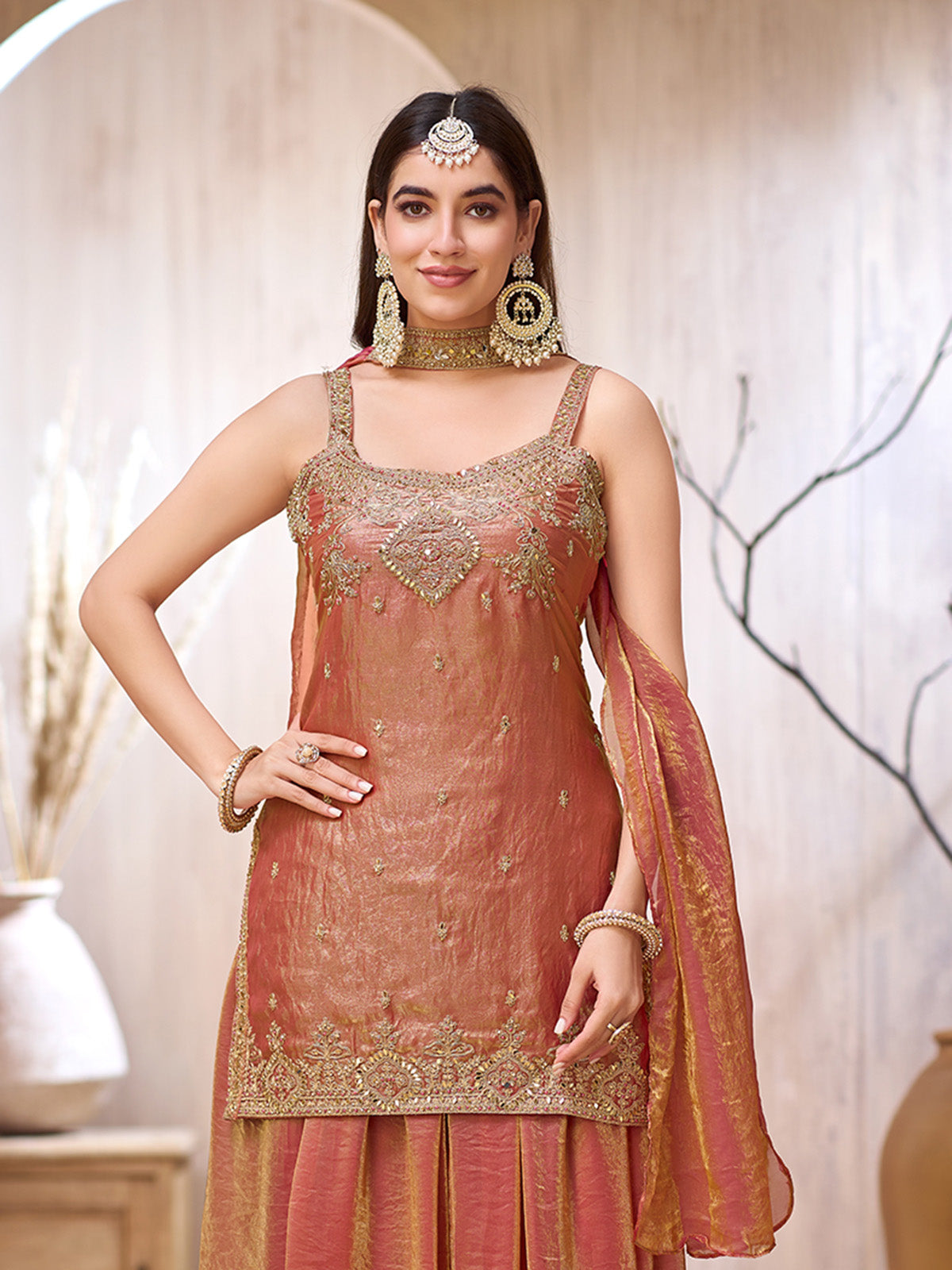 Peach chinon silk punjabi style palazzo suit for wedding wear