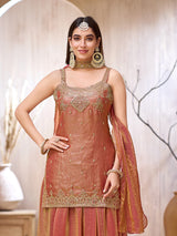 Peach chinon silk punjabi style palazzo suit for wedding wear