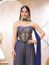 Blue chiffon heavily embellished designer palazzo suit