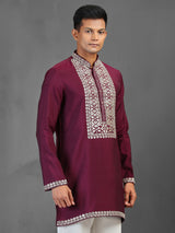 Maroon festive wear cotton silk kurta suit for men