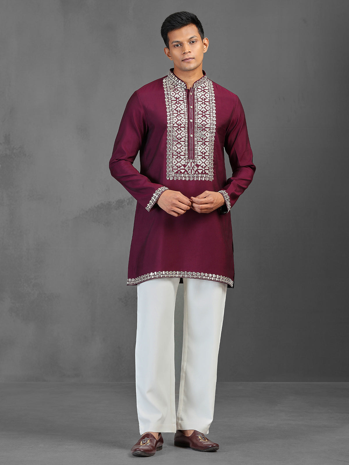 Maroon festive wear cotton silk kurta suit for men