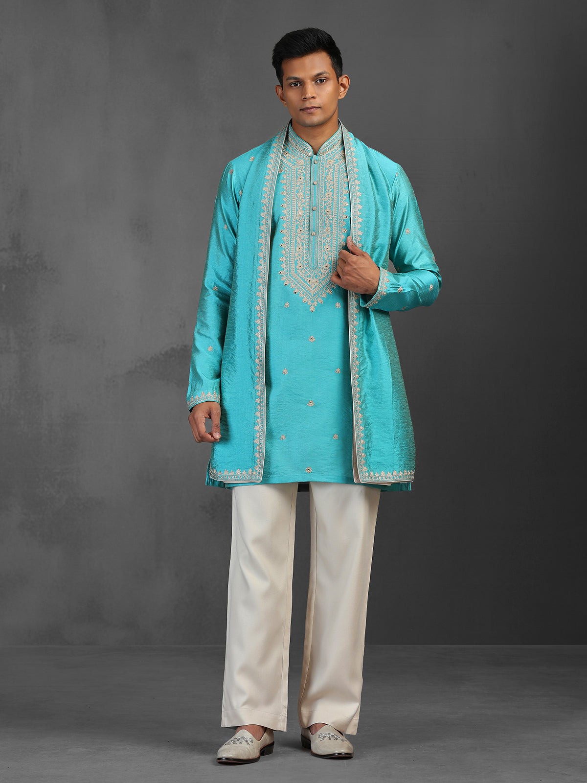 Firozi blue wedding wear art silk kurta suit with dupatta