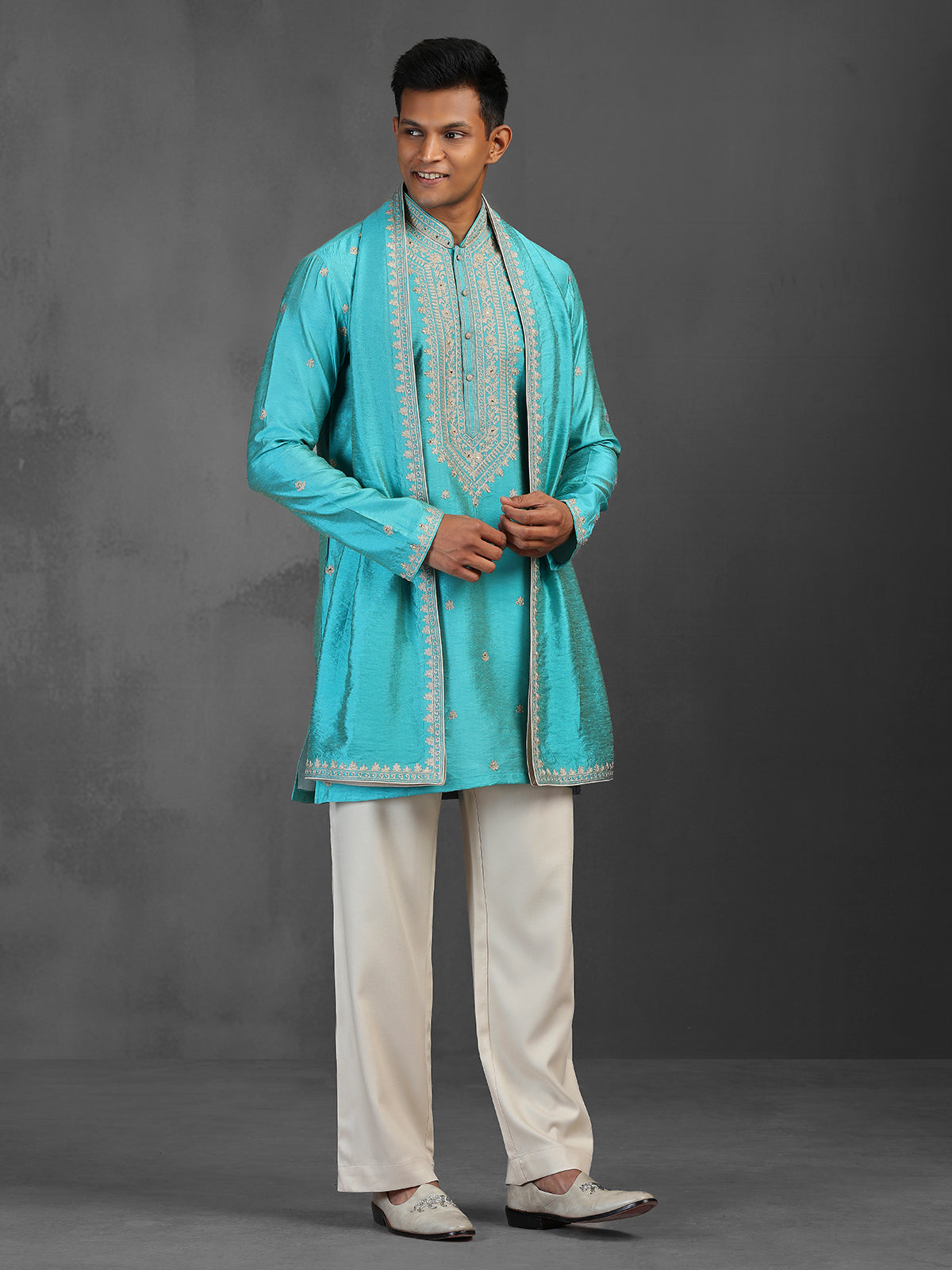 Firozi blue wedding wear art silk kurta suit with dupatta