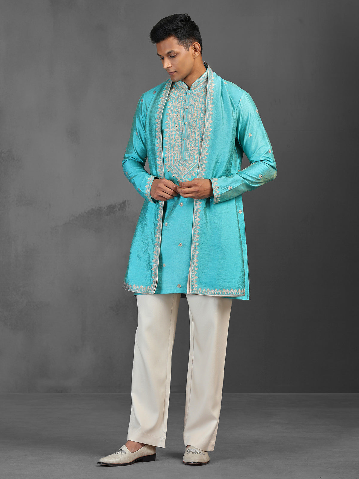 Firozi blue wedding wear art silk kurta suit with dupatta