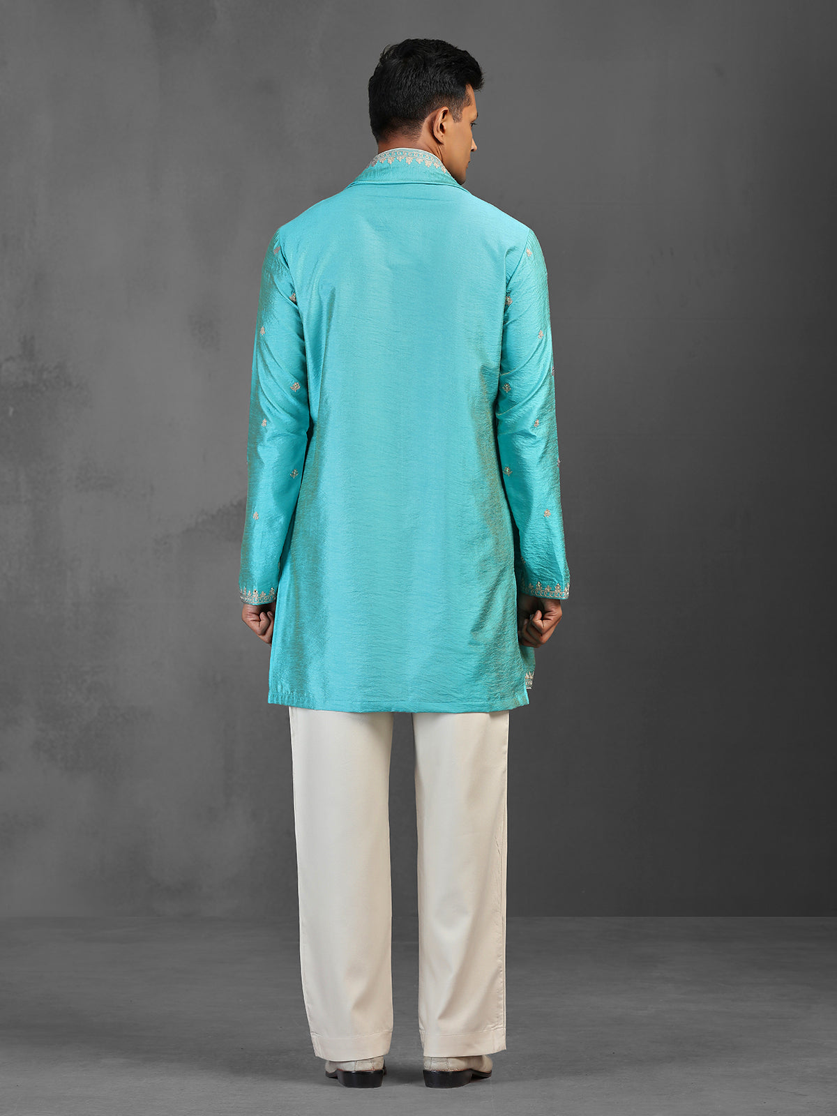 Firozi blue wedding wear art silk kurta suit with dupatta