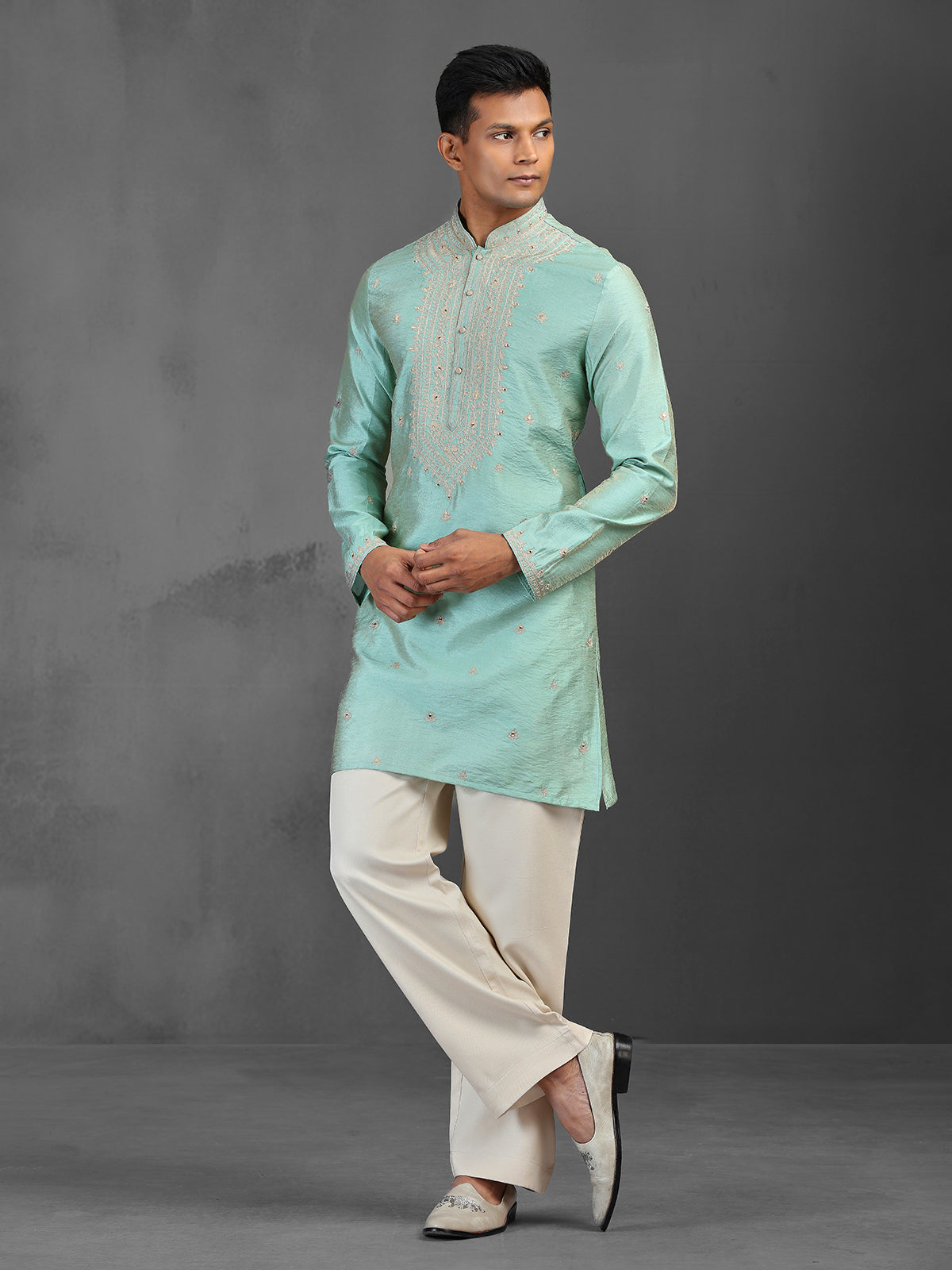 Light aqua art silk kurta suit for traditional celebration