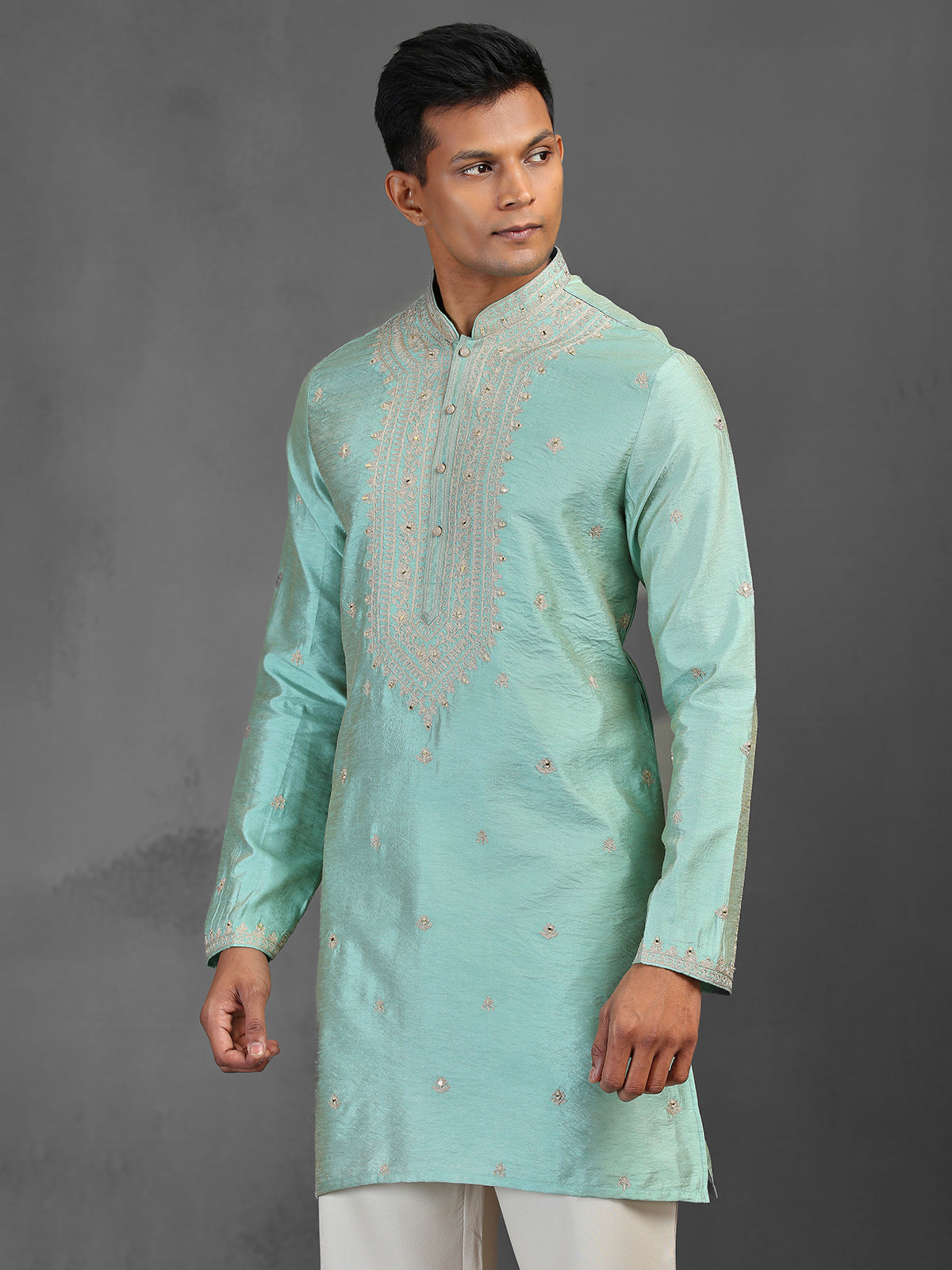 Light aqua art silk kurta suit for traditional celebration
