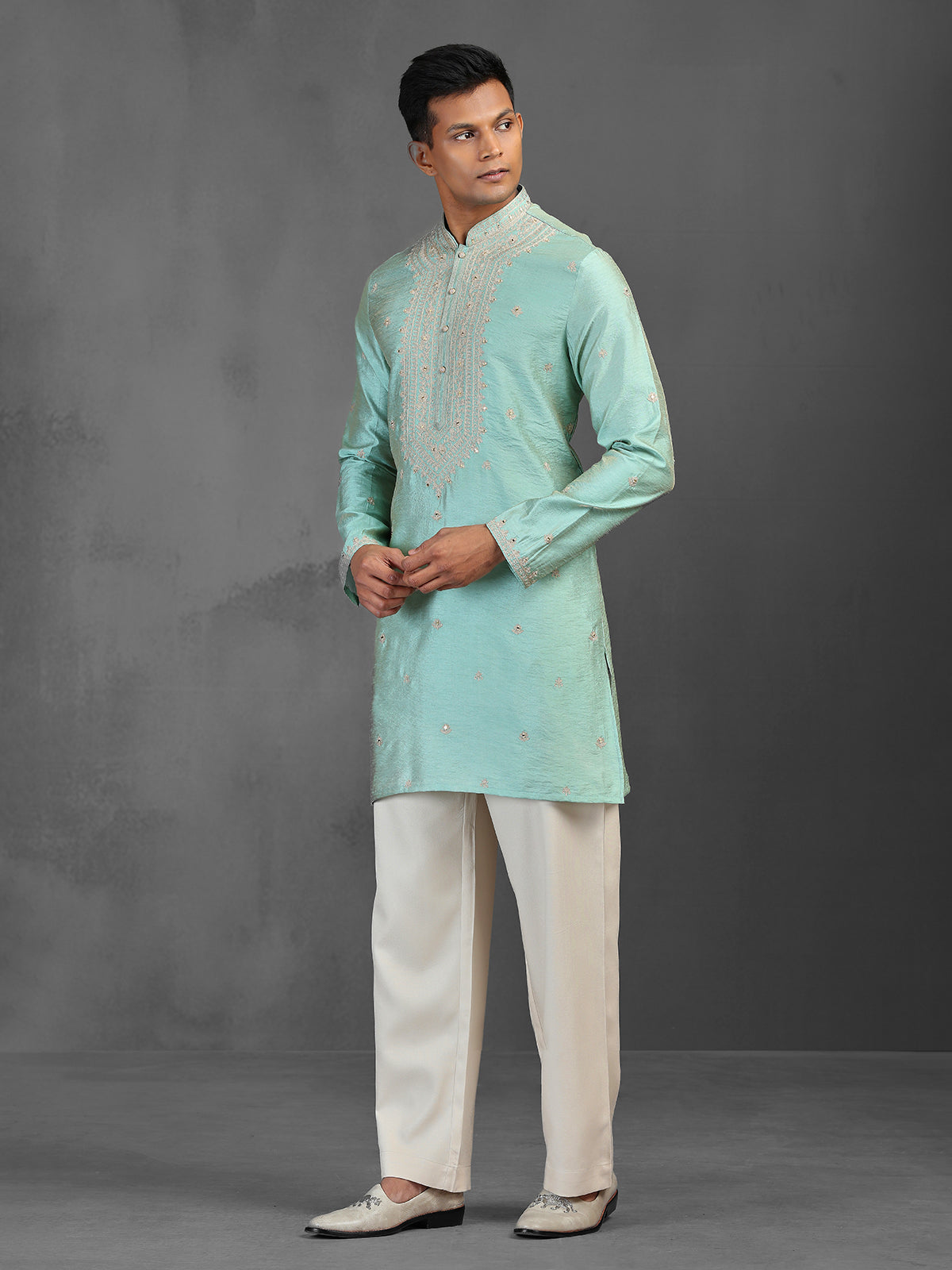 Light aqua art silk kurta suit for traditional celebration