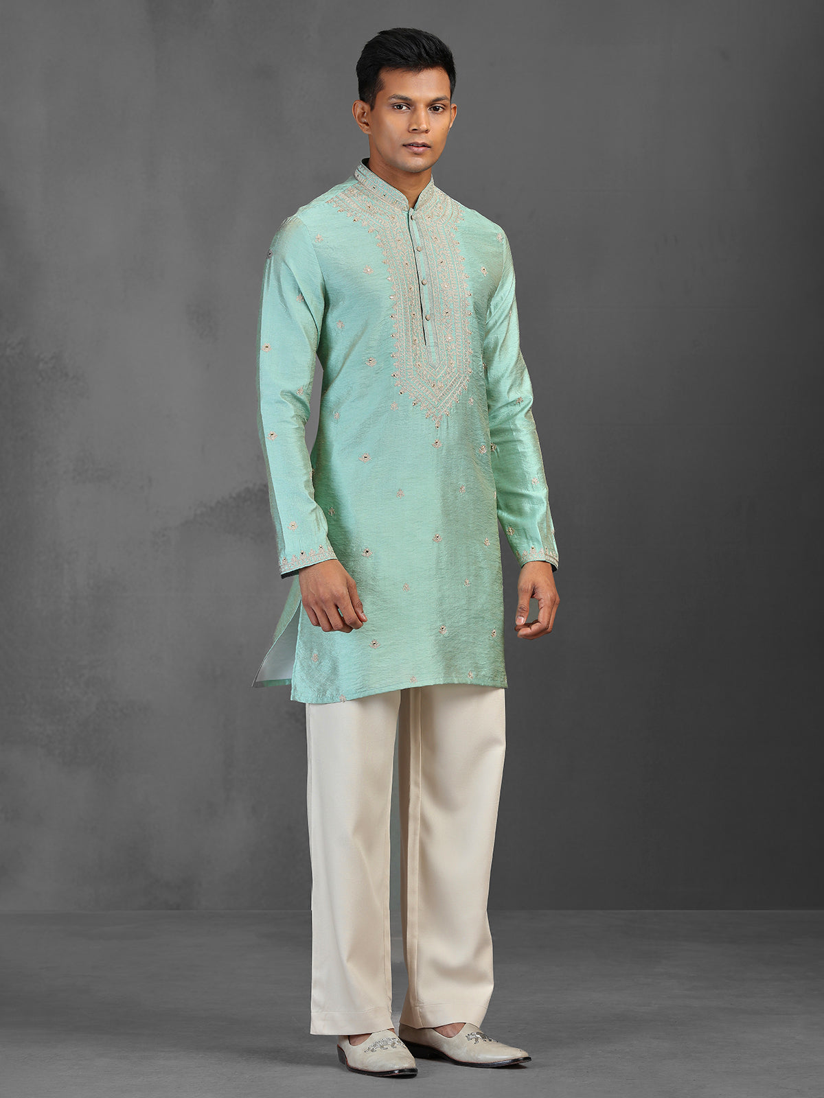 Light aqua art silk kurta suit for traditional celebration