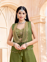 Mehendi green chiffon designer jacket style festive palazzo suit