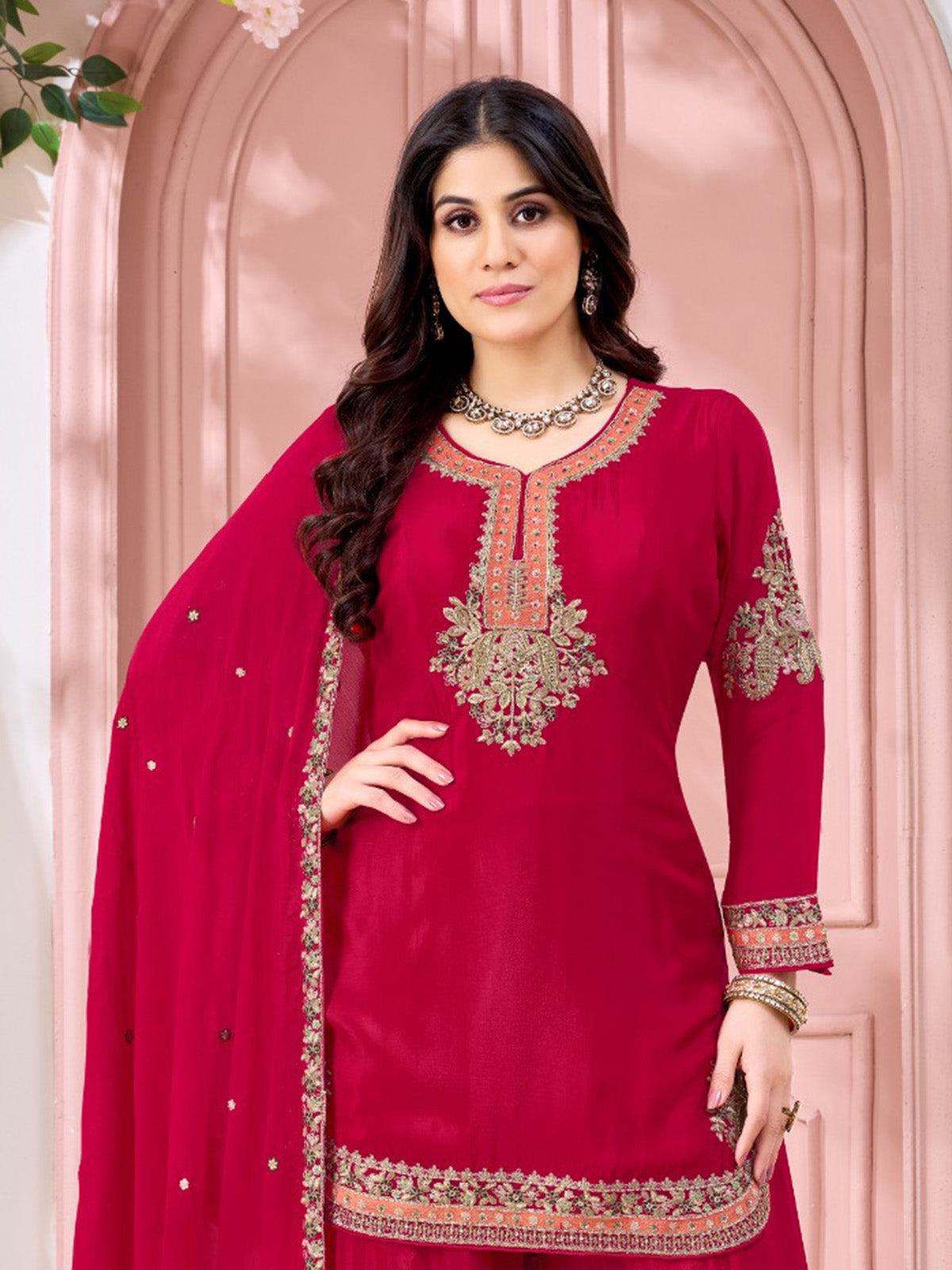 Magenta silk pakistani style embellished palazzo festive suit
