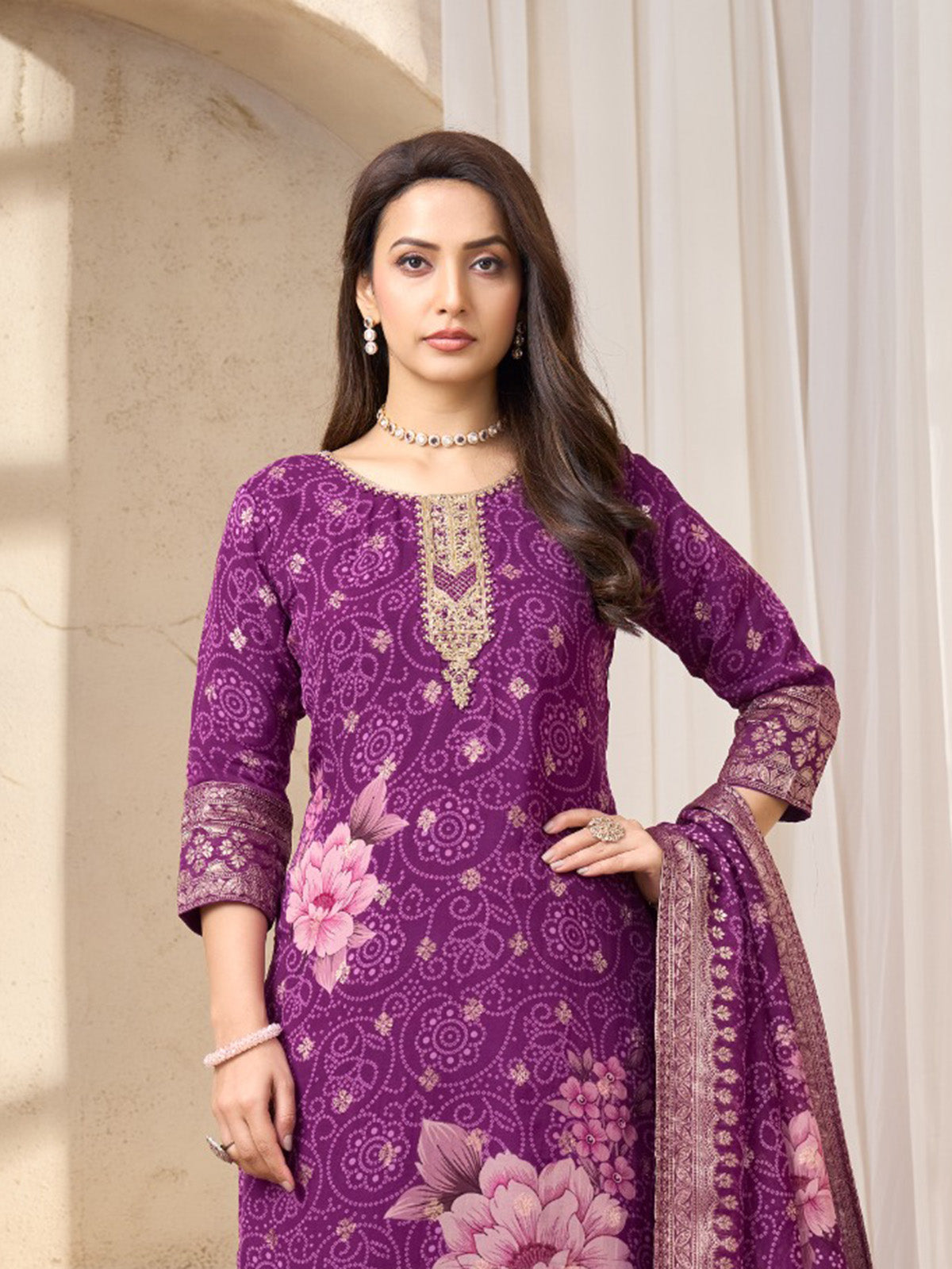 Purple silk bandhej printed straight cut salwar suit