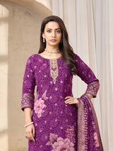 Purple silk bandhej printed straight cut salwar suit