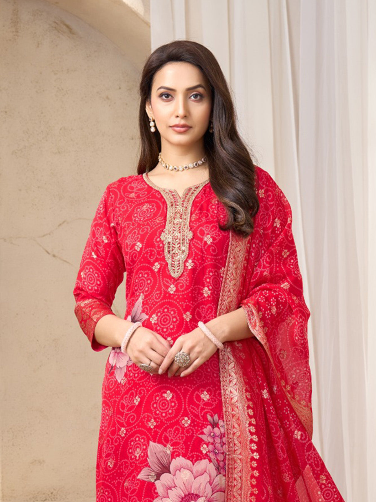 Red silk bandhej printed festive wear salwar suit
