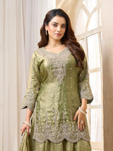 Pista green chinon silk pakistani style palazzo suit