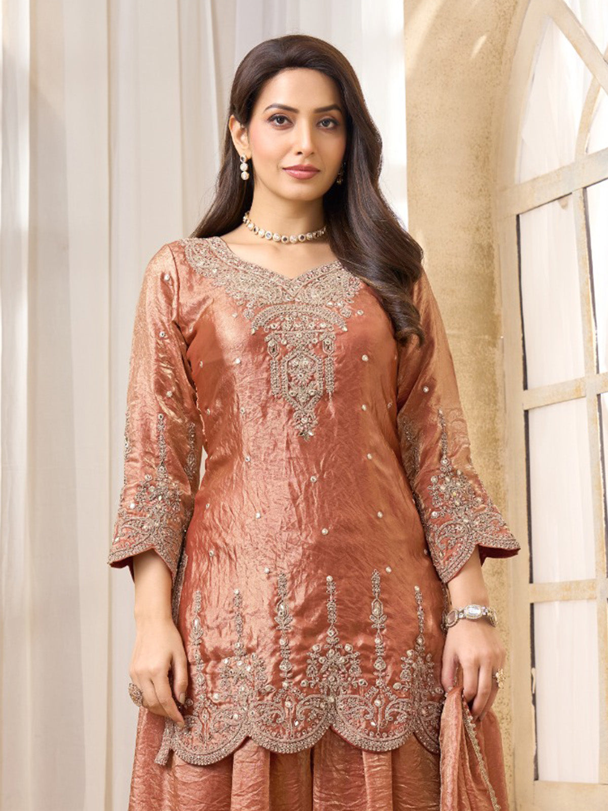 Peach chinon silk pakistani style festive palazzo suit