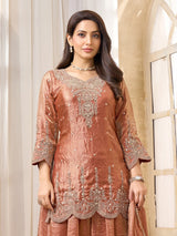 Peach chinon silk pakistani style festive palazzo suit