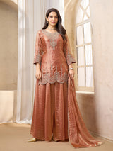 Peach chinon silk pakistani style festive palazzo suit