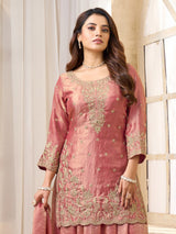Onion pink chinon silk pakistani style palazzo suit