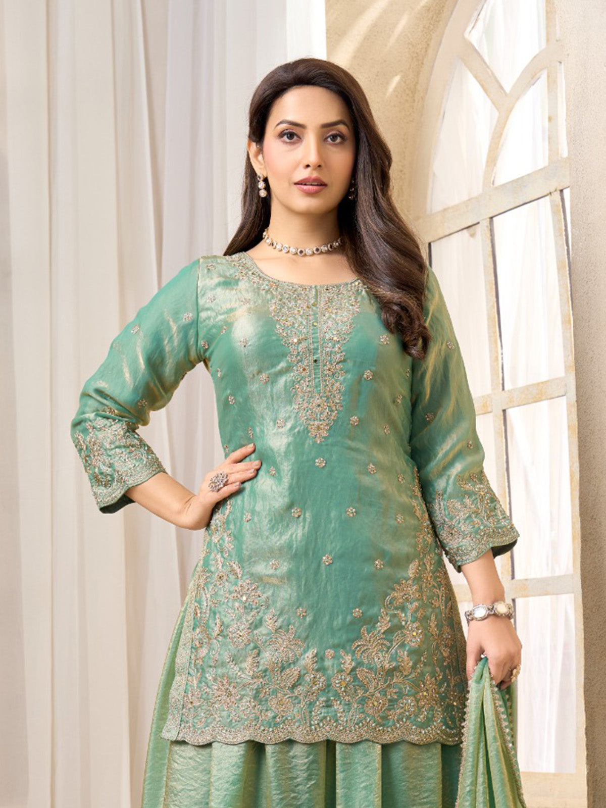 Mint green chinon silk pakistani style palazzo suit
