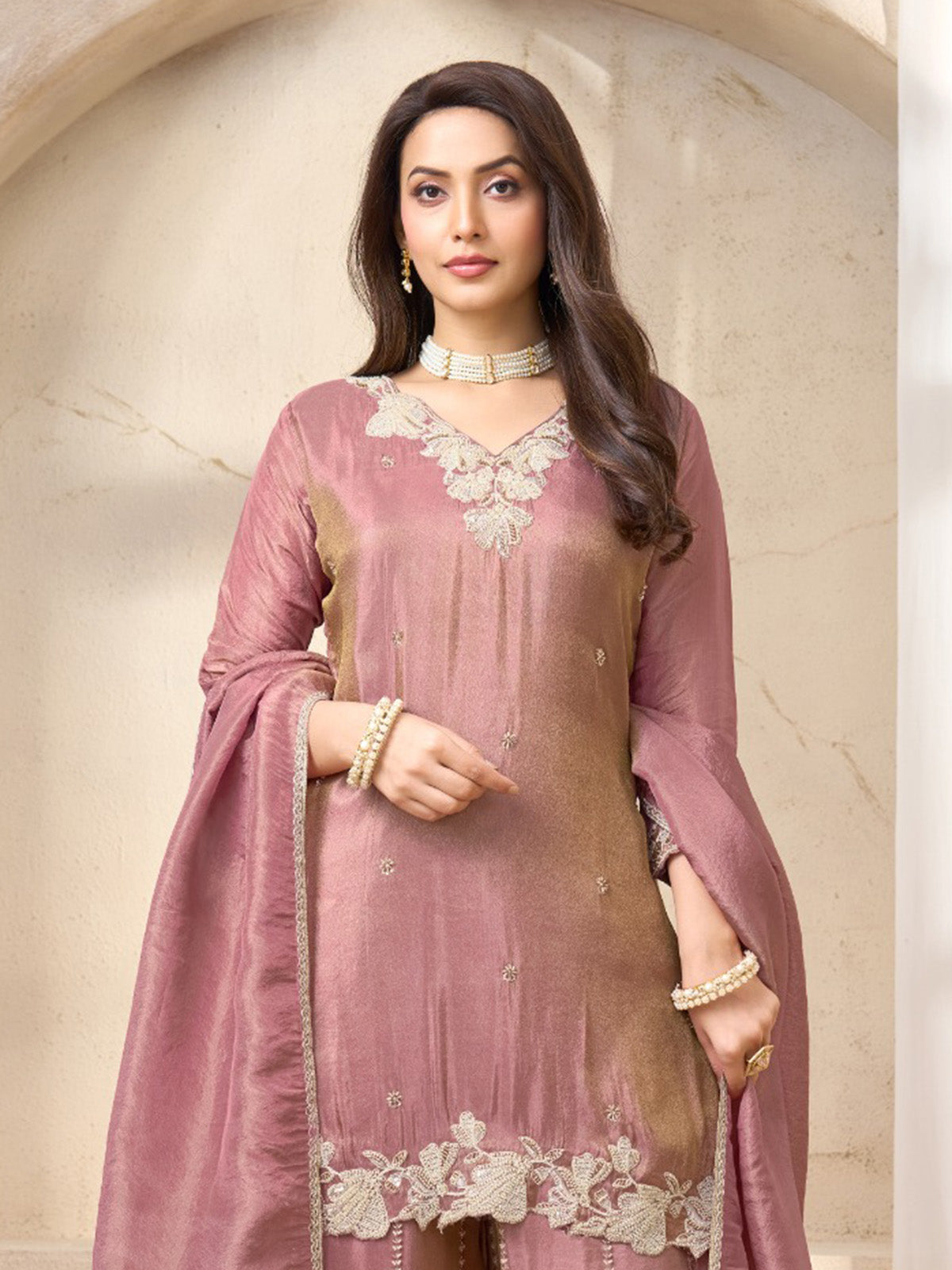 Onion pink silk pakistani style festive palazzo suit