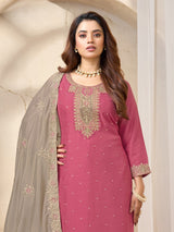 Pink silk yoke style straight cut festive salwar suit