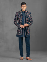 Teal green wedding wear indowestern suit with embroidery