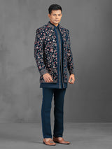Teal green wedding wear indowestern suit with embroidery