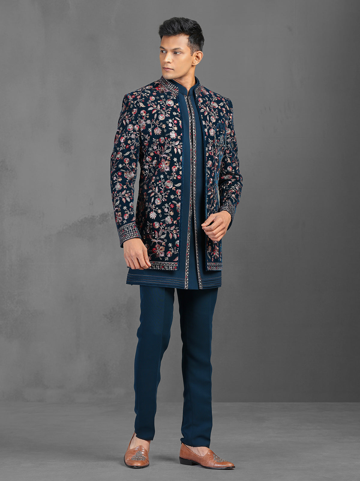 Teal green wedding wear indowestern suit with embroidery