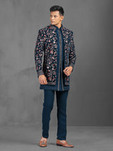 Teal green wedding wear indowestern suit with embroidery