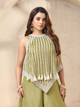Mehendi green silk designer halter neck palazzo suit