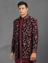 Maroon embroidery worked indowestern set for wedding