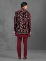 Maroon embroidery worked indowestern set for wedding