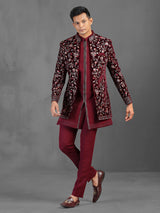 Maroon embroidery worked indowestern set for wedding