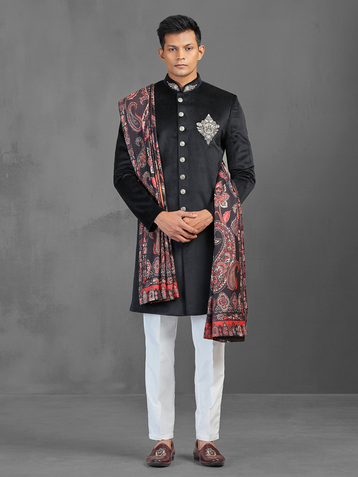 Black velvet reception wear indowestern suit