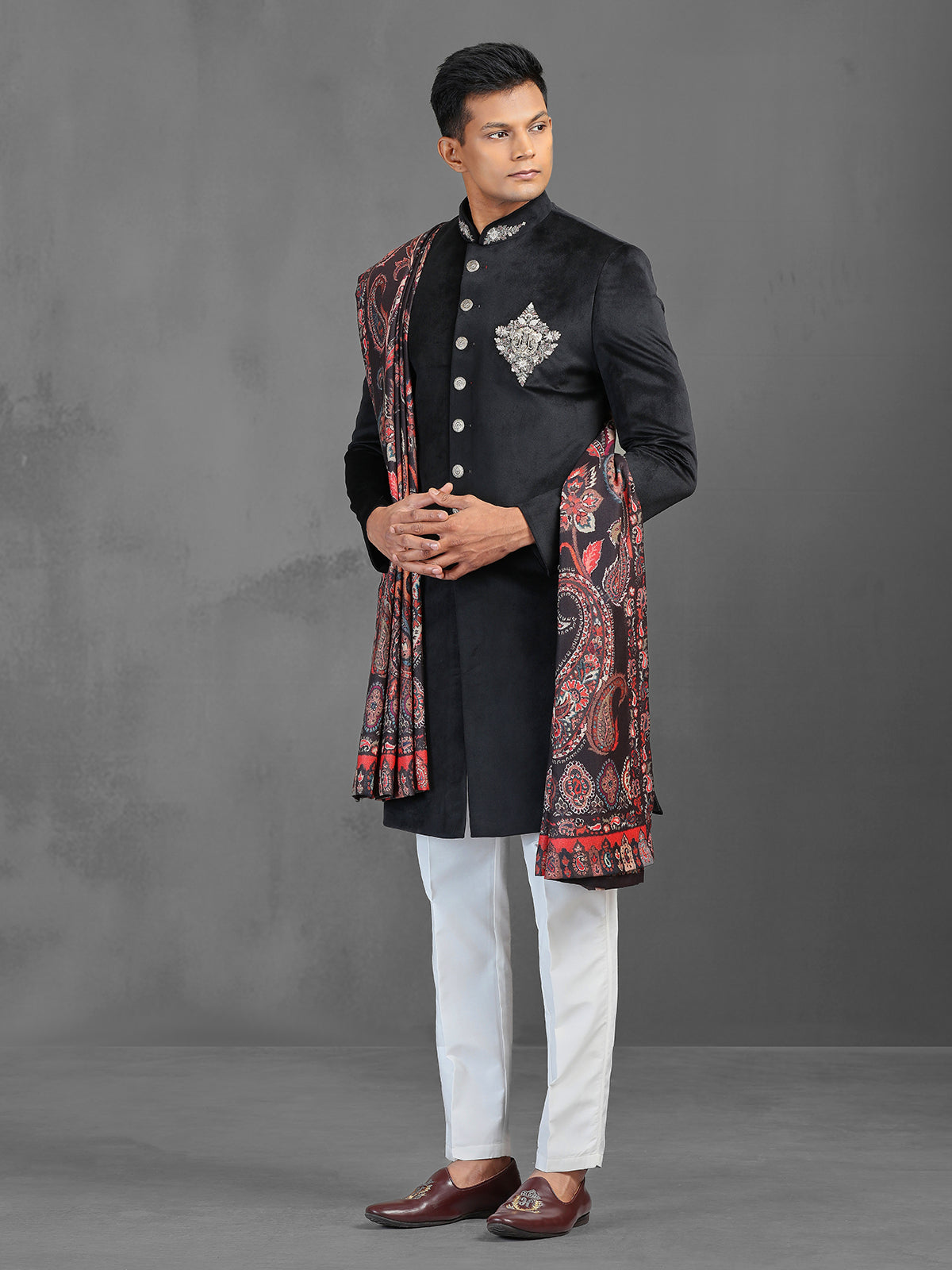 Black velvet reception wear indowestern suit