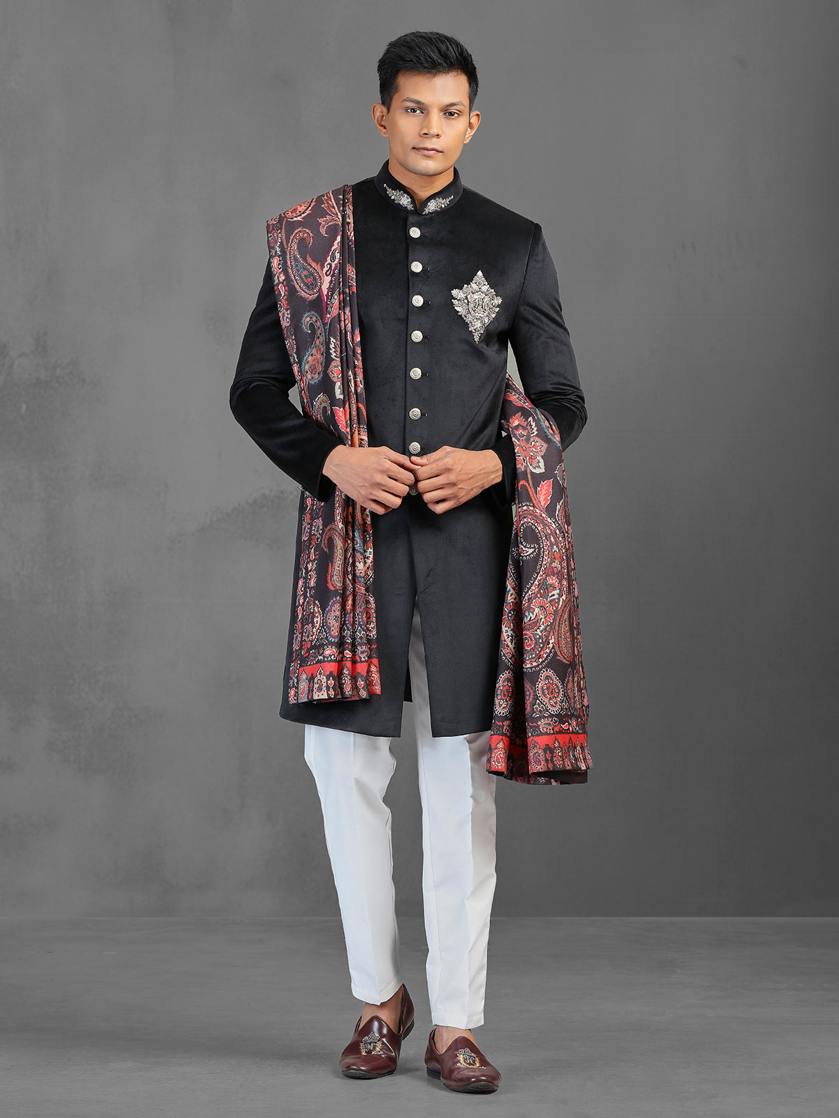 Black velvet reception wear indowestern suit