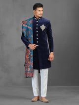 Navy velvet indowestern suit with dupatta