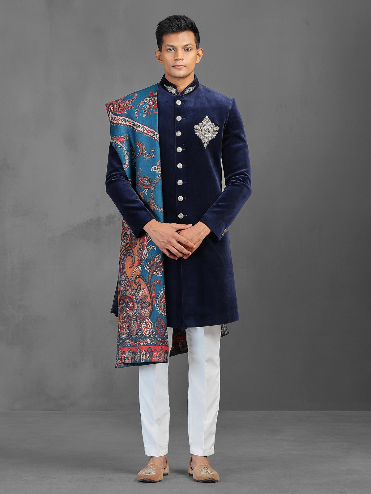 Navy velvet indowestern suit with dupatta