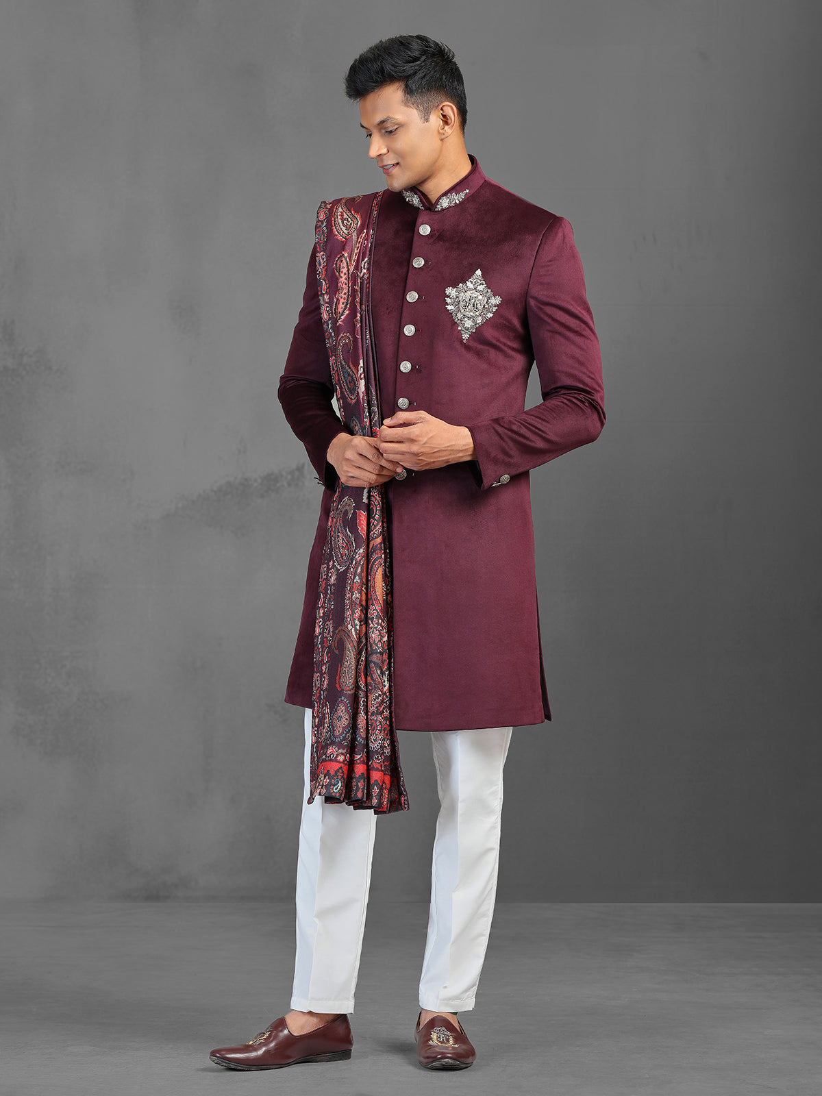Wine wedding wear indowestern suit with dupatta