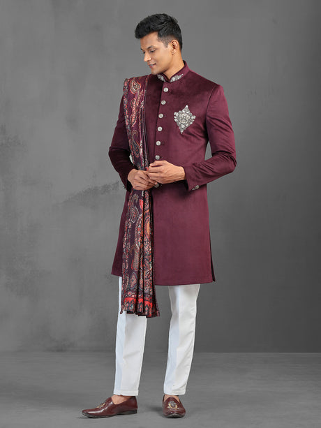 Wine wedding wear indowestern suit with dupatta